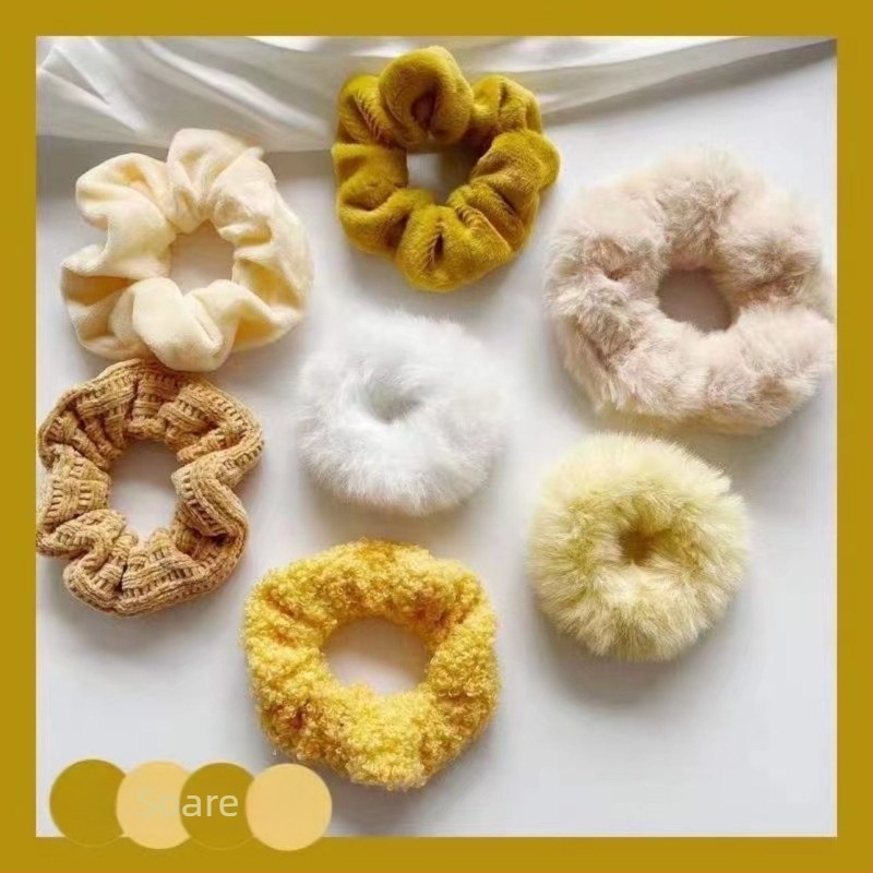 Set de 7 inele de păr plușate în stil coreean, lucrate manual, material textil