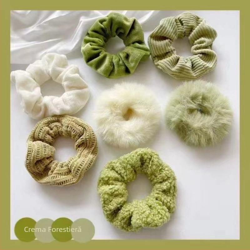 Set de 7 inele de păr plușate în stil coreean, lucrate manual, material textil