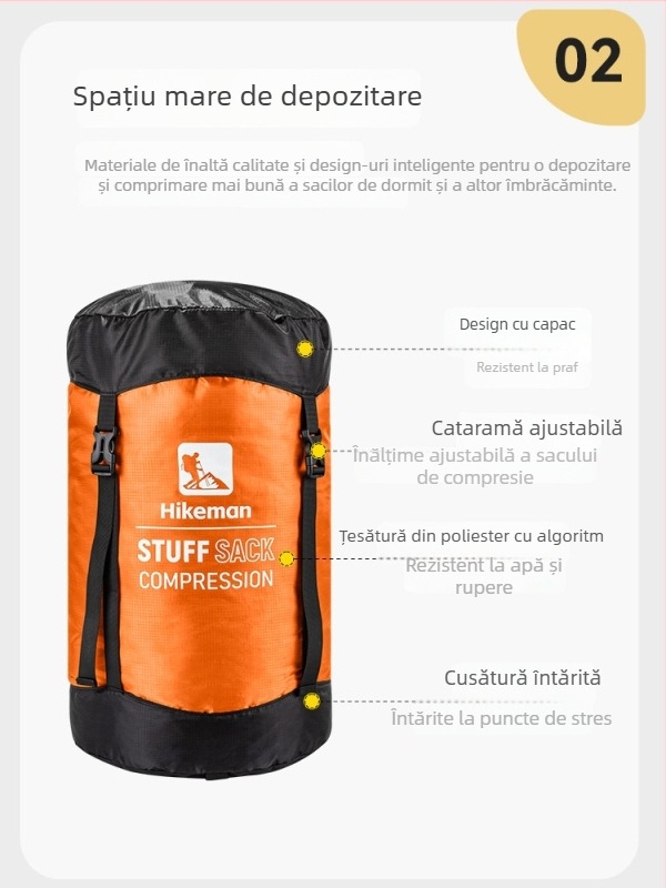 Sac de compresie pentru sacul de dormit – cu capac, țesătură din poliester, ușor pentru camping (115–189 g)