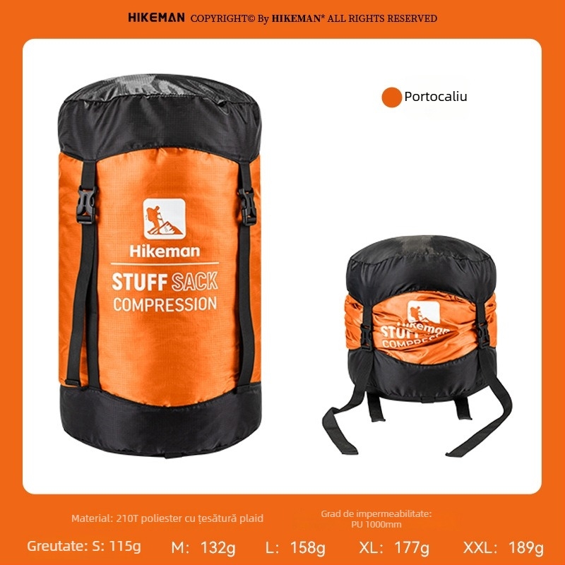 Sac de compresie pentru sacul de dormit – cu capac, țesătură din poliester, ușor pentru camping (115–189 g)