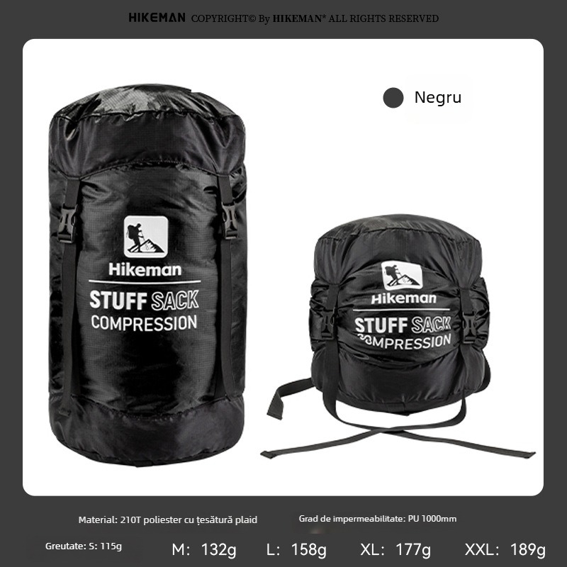Sac de compresie pentru sacul de dormit – cu capac, țesătură din poliester, ușor pentru camping (115–189 g)