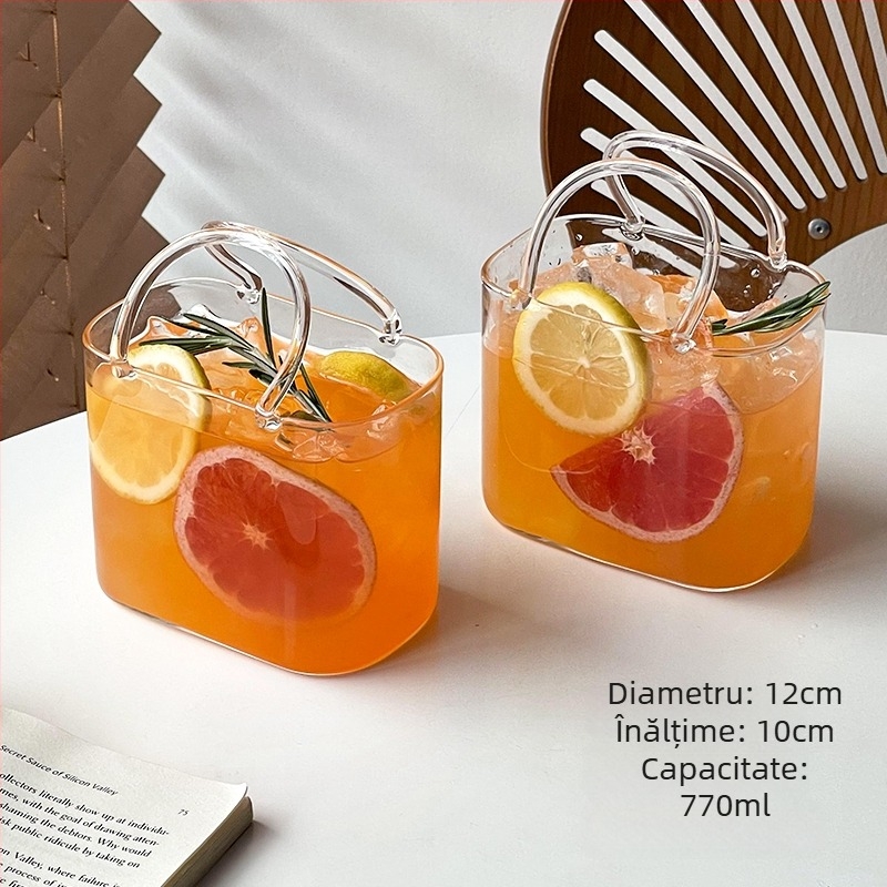 Pahar din sticlă pentru băuturi cu pai, model glaciar, portabil, formă pătrată