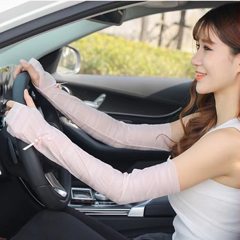 Manșon pentru protecție solară, din Ice Silk, respirabil, cu funda și dantelă cu perle, pentru exterior și condus; poliester 81–95%