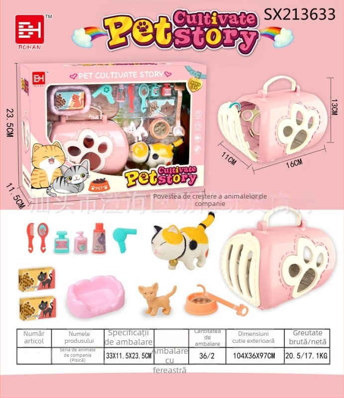 Cușcă de animale simulate pentru copii — jucărie casă, din plastic, pentru vârsta 4–6 ani, set cu puiuț și pisicuță