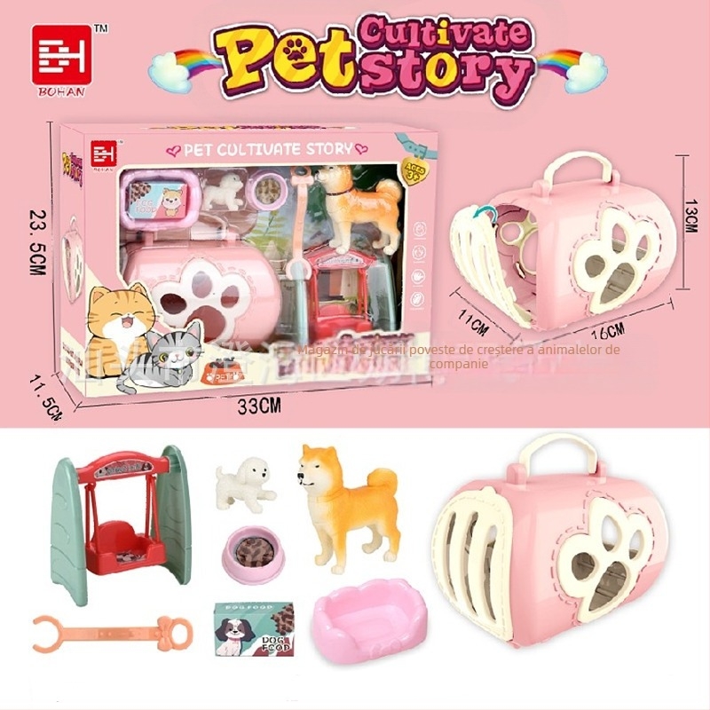 Cușcă de animale simulate pentru copii — jucărie casă, din plastic, pentru vârsta 4–6 ani, set cu puiuț și pisicuță