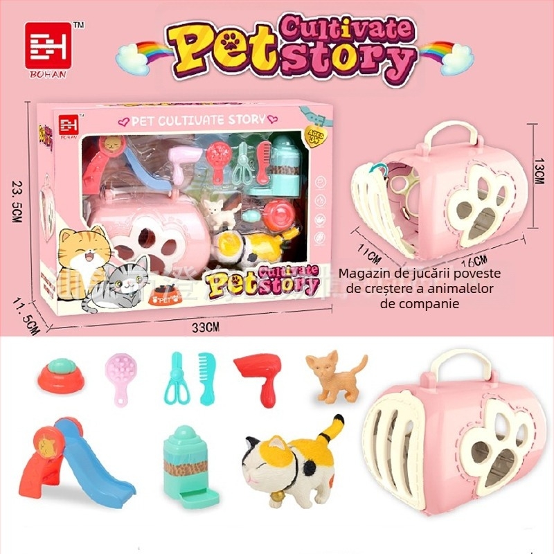 Cușcă de animale simulate pentru copii — jucărie casă, din plastic, pentru vârsta 4–6 ani, set cu puiuț și pisicuță