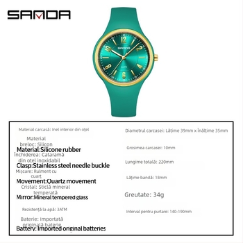 Ceas Sanda quartz cu afișaj luminos, indicator de 24 de ore, rezistență la apă 30M, curea din silicon