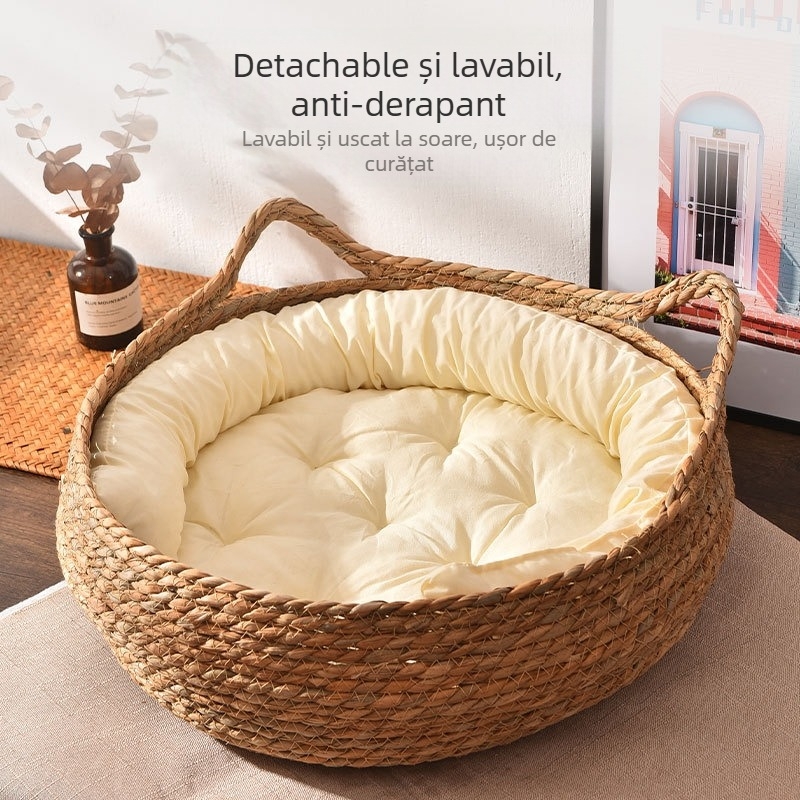 Cuib de pisică din ratan cu covoraș de iarbă, utilizare pentru toate cele patru sezoane, placă de zgâriere pentru pisici, Star Jade