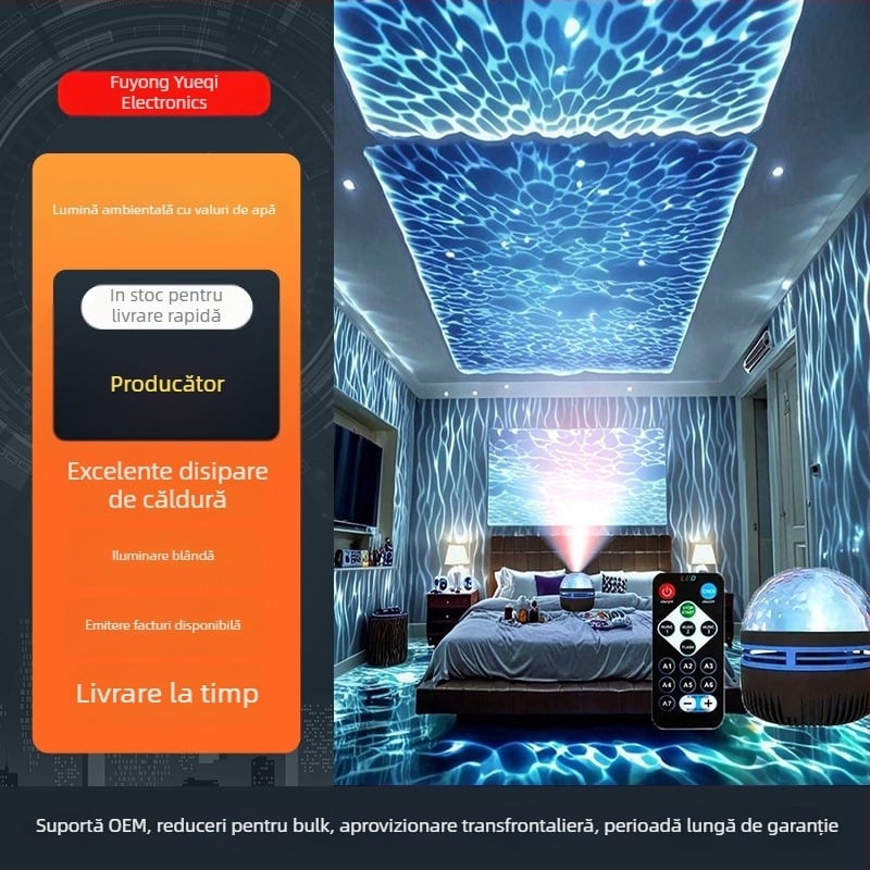 Q6 Proiector Cer Înstelat cu Valuri de Apă — Lampă de Noapte de Masă Romantică, Atmosferă cu Aurora Boreală, Baterie încorporată