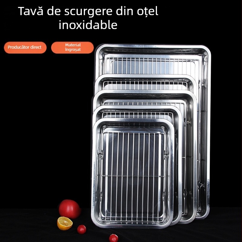 Tavă pătrată din oțel inoxidabil cu filtru pentru ulei, compatibilă cu microunde, stil modern minimalist