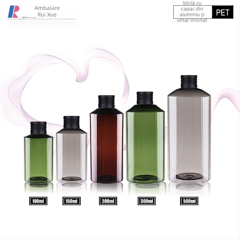 Sticlă cosmetică cu umăr înclinat și capac din metal, corp metalic cu componente din acrilic/PMMA, finisaj cu pulverizare