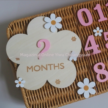Carduri de Milestone din lemn pentru nou-născuți cu numere înlocuibile și flori DIY (Material: Boxwood; Categorie: Ornamente; Numere înlocuibile; Flori DIY)