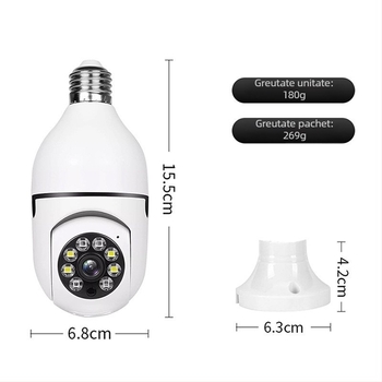 Cameră bec 360° WiFi, utilizare în interior, 1080p, lentilă 3.6mm ultra-wide, 1 cameră, detecție de alarmă, suport aplicație mobilă