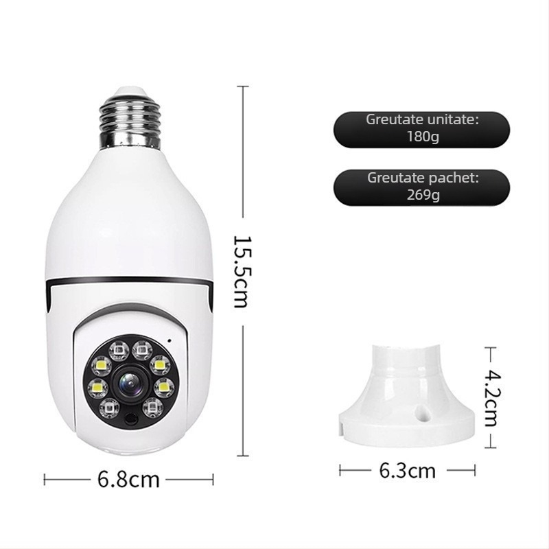 Cameră bec 360° WiFi, utilizare în interior, 1080p, lentilă 3.6mm ultra-wide, 1 cameră, detecție de alarmă, suport aplicație mobilă