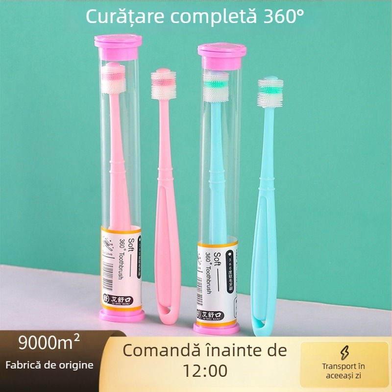 Aishukou Periuță de dinți pentru copii cu cap din silicon 360°, manuală, perii moi, cutie cu 400 buc.