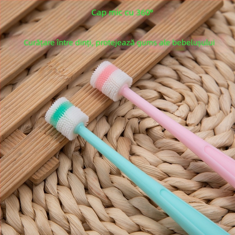 Aishukou Periuță de dinți pentru copii cu cap din silicon 360°, manuală, perii moi, cutie cu 400 buc.