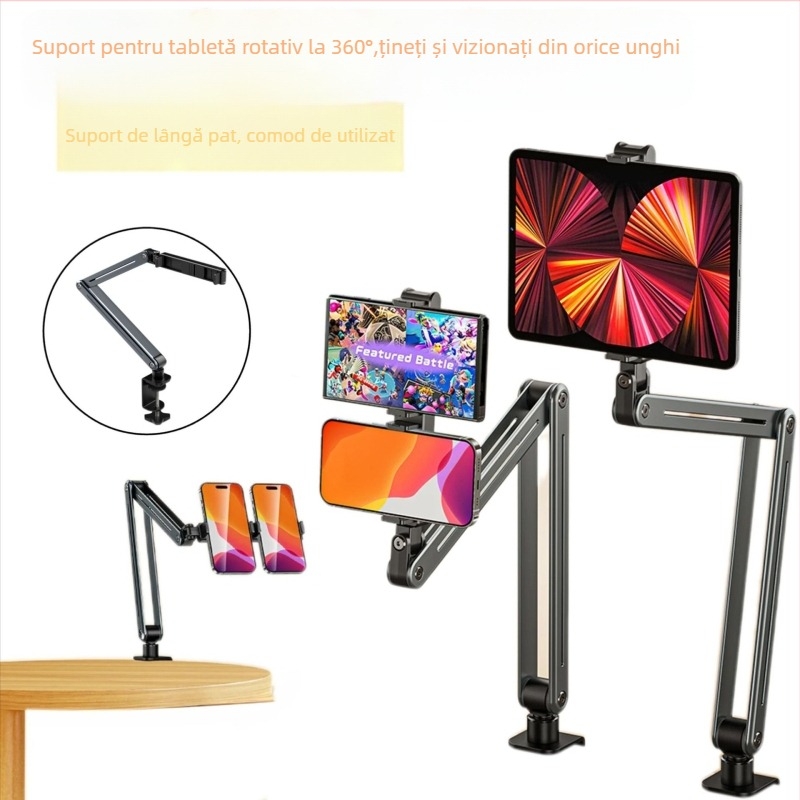 Suport dual pentru telefoane și tabletă, rotire de 360°, pliabil, pentru lângă pat și reglare la unghi înalt