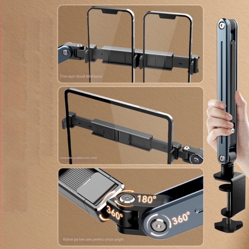 Suport dual pentru telefoane și tabletă, rotire de 360°, pliabil, pentru lângă pat și reglare la unghi înalt