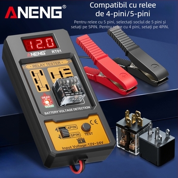 ANENG RT01 Detectare releu auto cu tester digital al bateriei, universal 12V/24V, analizor de relee cu patru și cinci pini