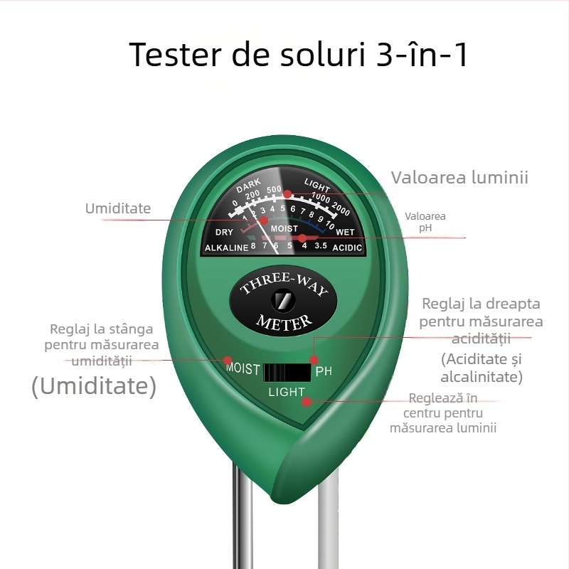  tester de sol 3 în 1: umiditate, pH și nutrienți pentru flori și plante în ghivece