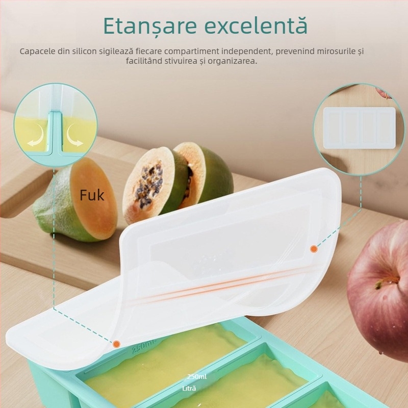 Formă din silicon pentru gheață cu capac, 4 cavități, 80 ml pe cavitate, congelare rapidă, formă personalizabilă