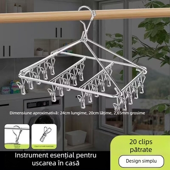 Sistem de uscare haine din oțel inoxidabil, cadru pătrat portabil, cu mai multe cleme pentru șosete, design modern minimalist