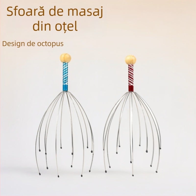 Masajer de cap cu brațe octopus (control mecanic, portabil; pentru scalp și spate; lansat în 2024)