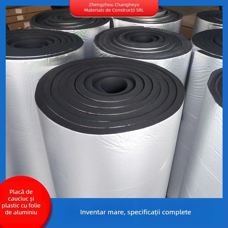 Placă izolatoare din burete cauciucat-plastic cu folie de aluminiu, autoadezivă, pentru acoperișuri și sere - conductivitate termică 0.035 W/mK, temperatură de lucru 100°C