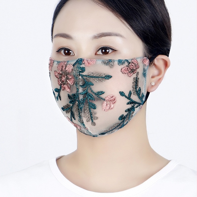 Oufeng mască de față brodată pentru femei - material amestecat, broderie, curele pentru urechi, protecție UV, model floral