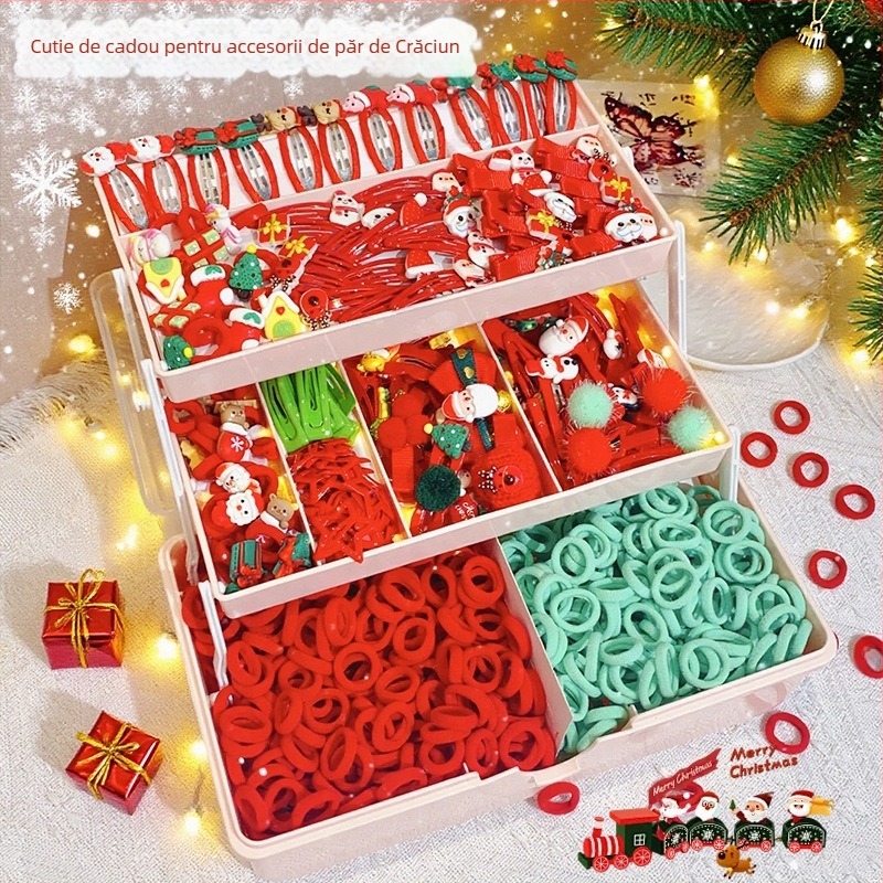 Set de accesorii pentru păr — făcut manual, model Crăciun desen animat, design cu personaj desen animat, seria Prințese, set combinat de clipsuri pentru păr și elastic