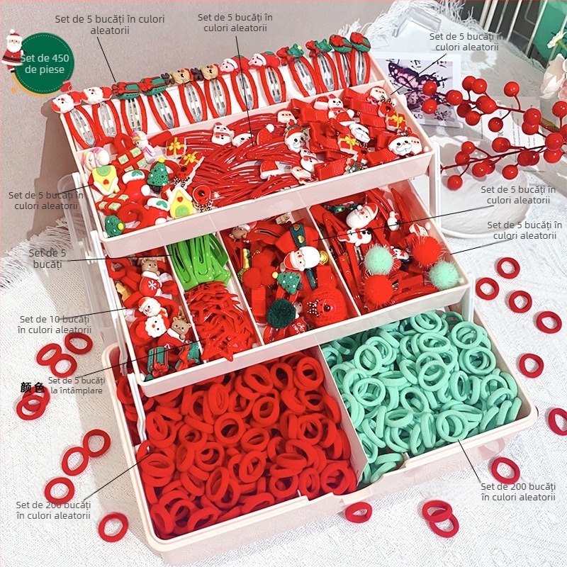 Set de accesorii pentru păr — făcut manual, model Crăciun desen animat, design cu personaj desen animat, seria Prințese, set combinat de clipsuri pentru păr și elastic