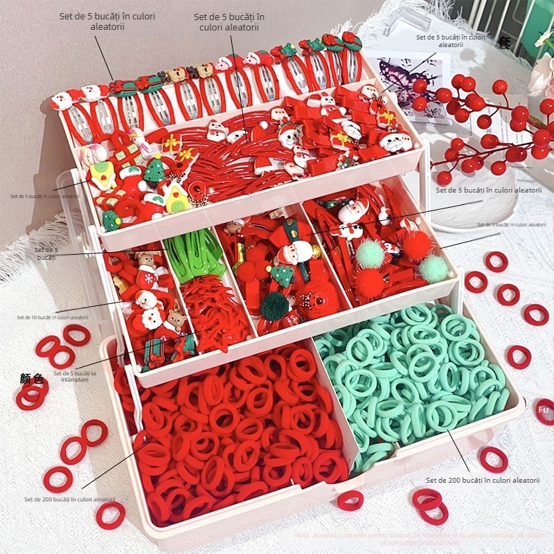 Set de accesorii pentru păr — făcut manual, model Crăciun desen animat, design cu personaj desen animat, seria Prințese, set combinat de clipsuri pentru păr și elastic