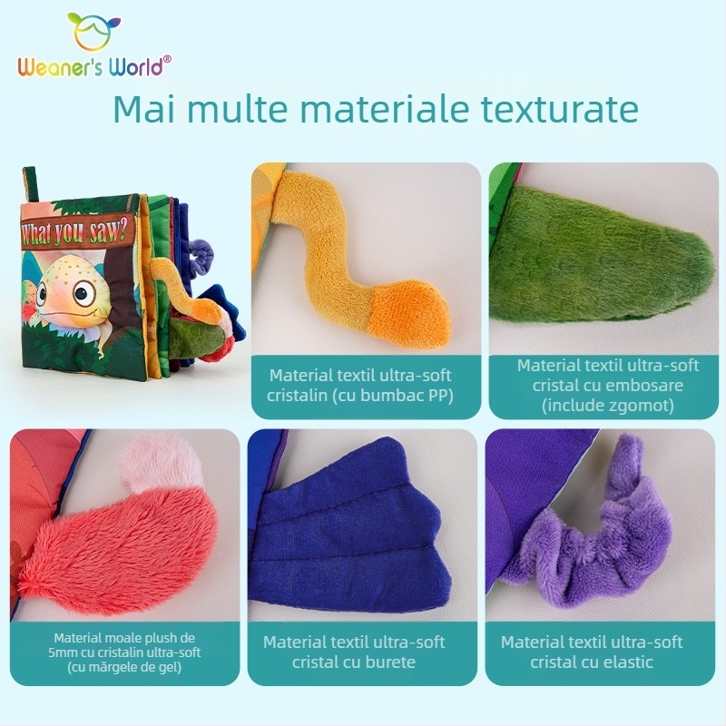 Carte de stofă interactivă cu coadă pentru bebeluși și copii mici, lavabilă, mușcabilă și rezistentă la rupere, jucărie educațională pentru primii ani