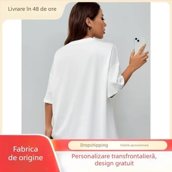 Tricou damă din bumbac cu imprimeu, guler rotund, mâneci scurte, 95%+ bumbac, stil pulover