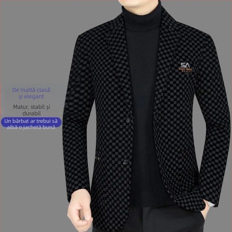 Sacou casual pentru bărbați - Slim fit, cu 3 nasturi, 70% poliester, broderie, rezistent la vânt, toamnă