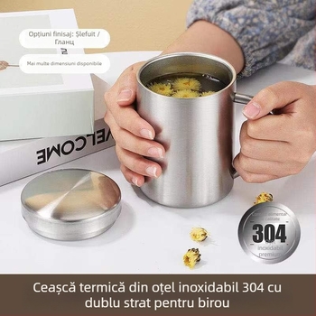 Ceașcă din oțel inoxidabil 304 cu capac, izolație cu pereți dubli, design modern minimalist, potrivită ca cadou de afaceri