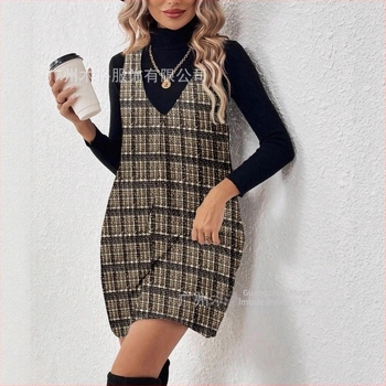 Rochie femei în linie A, cu model carouri, lungime medie, poliester, croială lejeră, stil retro inspirat din pădure