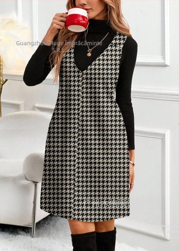 Rochie femei în linie A, cu model carouri, lungime medie, poliester, croială lejeră, stil retro inspirat din pădure