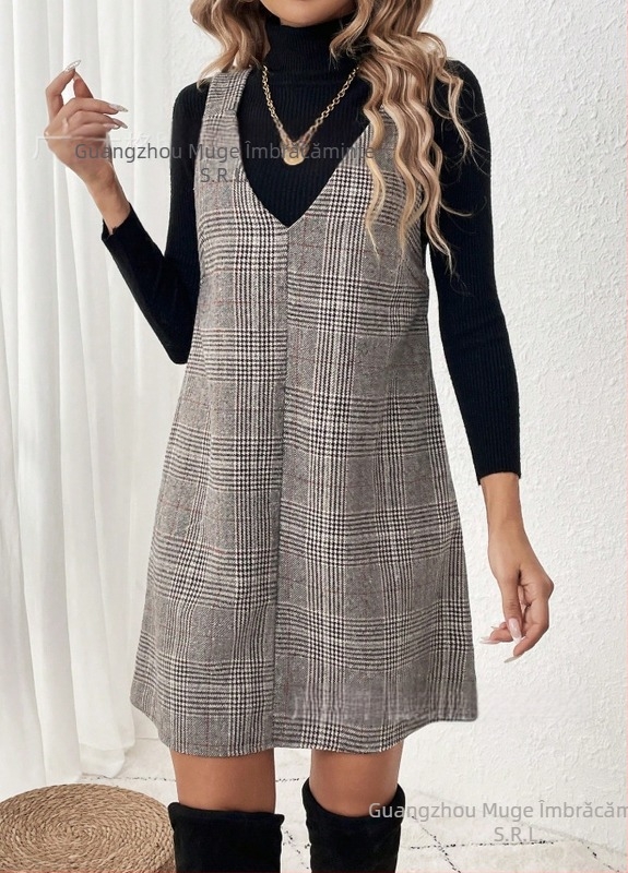 Rochie femei în linie A, cu model carouri, lungime medie, poliester, croială lejeră, stil retro inspirat din pădure