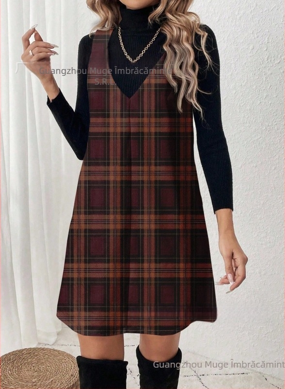 Rochie femei în linie A, cu model carouri, lungime medie, poliester, croială lejeră, stil retro inspirat din pădure