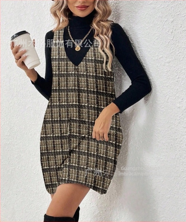 Rochie femei în linie A, cu model carouri, lungime medie, poliester, croială lejeră, stil retro inspirat din pădure