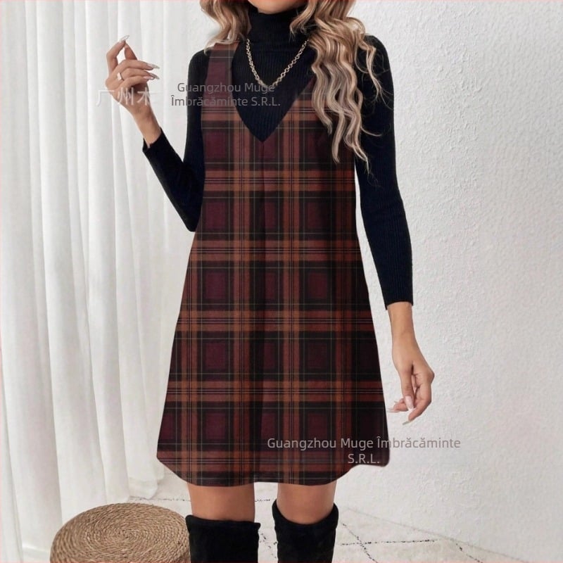 Rochie femei în linie A, cu model carouri, lungime medie, poliester, croială lejeră, stil retro inspirat din pădure