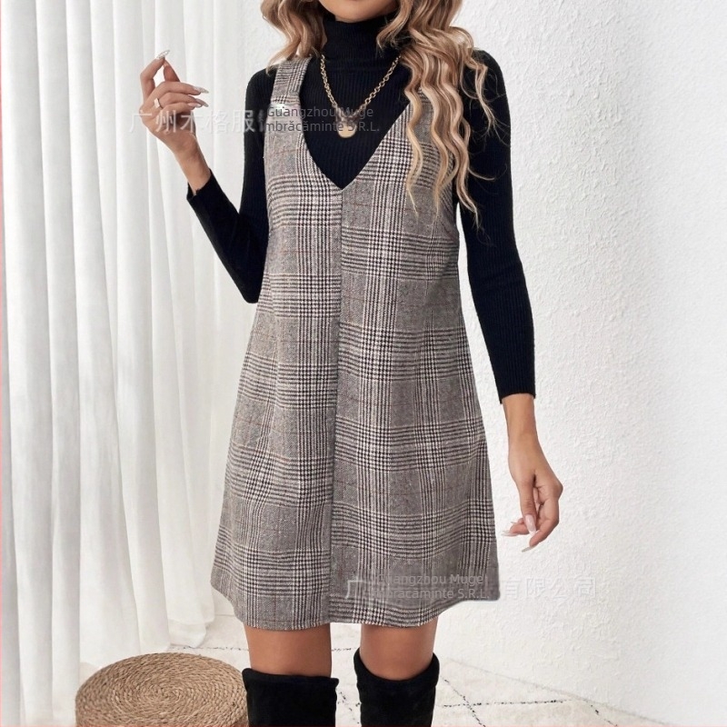 Rochie femei în linie A, cu model carouri, lungime medie, poliester, croială lejeră, stil retro inspirat din pădure