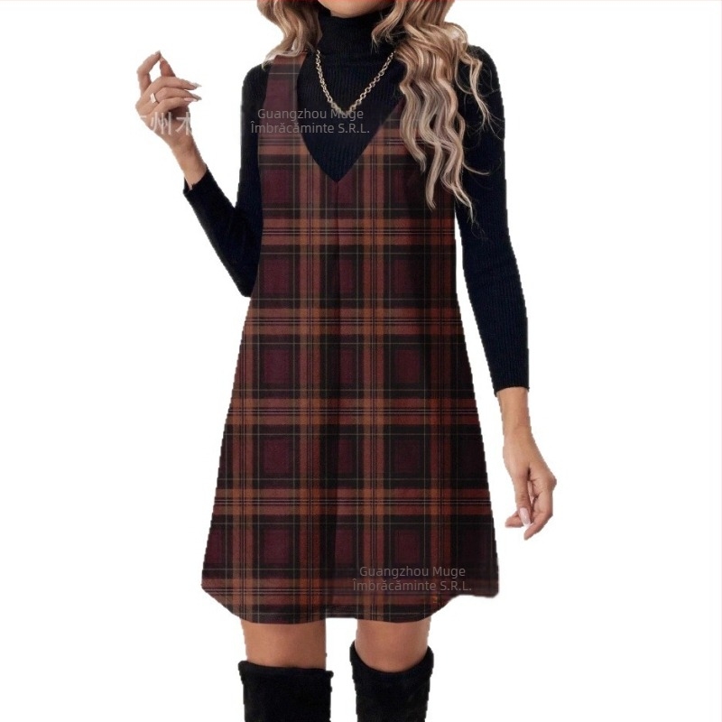 Rochie femei în linie A, cu model carouri, lungime medie, poliester, croială lejeră, stil retro inspirat din pădure