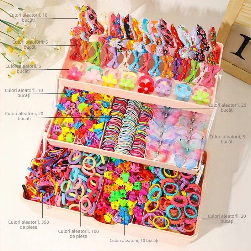 Set de accesorii pentru păr pentru copii – 555 piese, Handmade, Seria Prințesa, Elastice pentru păr, Clipsuri și bentițe