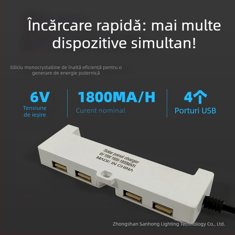 Prelungitor solar cu USB pentru încărcarea diferitelor lumini, IP65, 6-15W, 6V, întrerupător manual, durată de iluminare 6-12h