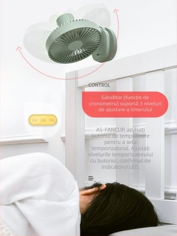 Ventilator de birou TYD-A5, 3 palete, USB 5V, cu oscilare, temporizator 2-8 ore, zgomot ≤40 dB