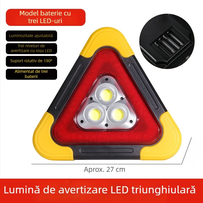 Semn de avertizare triunghiular pentru mașină pe trepied, LED reflectorizant, ABS, alimentare 5V