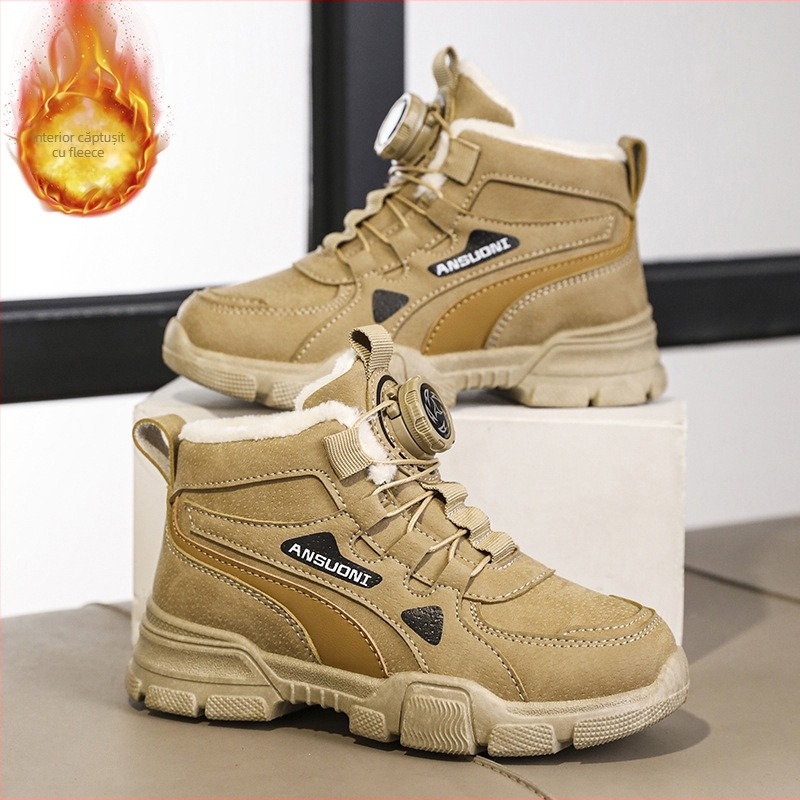 Ghete de iarnă pentru copii, unisex, căptușite cu fleece, panouri din piele, închidere cu bandă elastică, talpă PVC