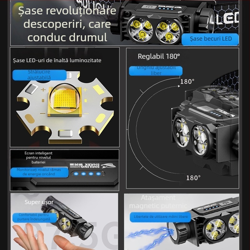 Frontala pentru cap cu baterie litiu cu capacitate mare încorporată, rezistentă la apă, greutate 97,5 g, curea elastică pentru cap